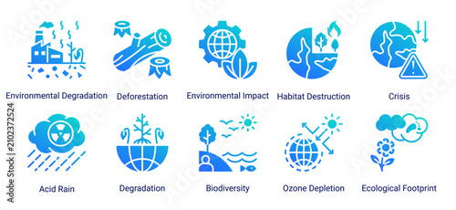 Bild auf Leinwand Environmental damage icon set featuring deforestation biodiversity loss acid rai