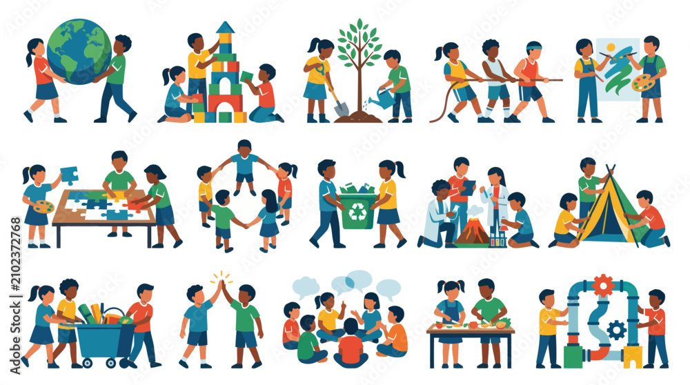 Fototapeta premium Diverse Children Learning Playing Together - Flat Vector Art
