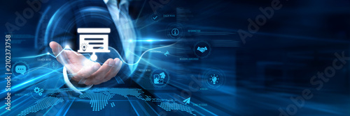 Businessman Hand Hold Introduction and global business data networking. Corporate presentation corporate concept, welcoming template backdrop, executive summary project