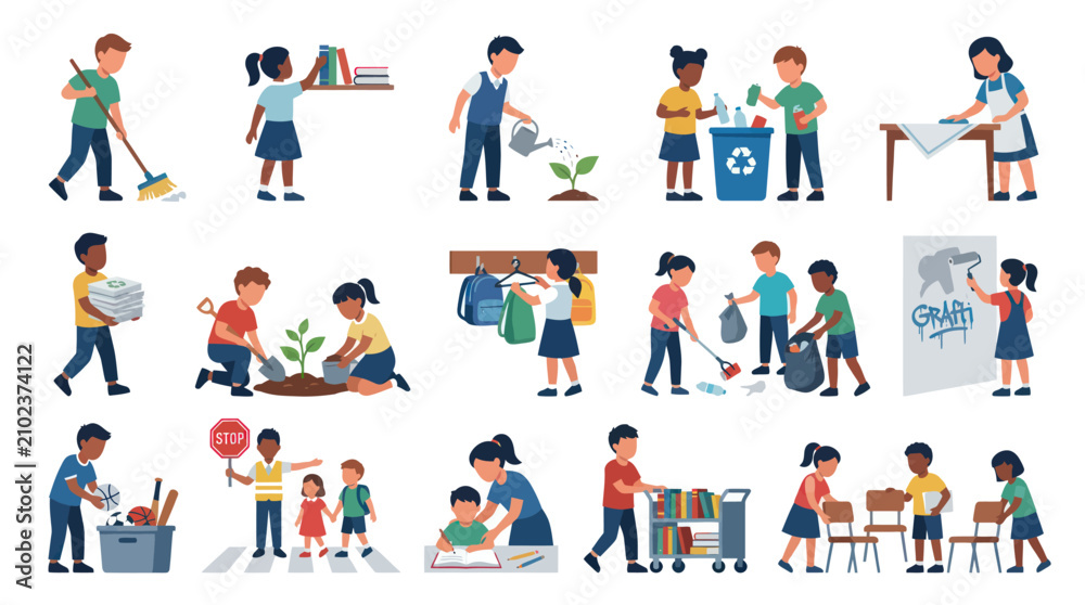 Fototapeta premium Flat Vector Illustration Set of Kids Helping, Doing Chores, and Community Service for Education Niche