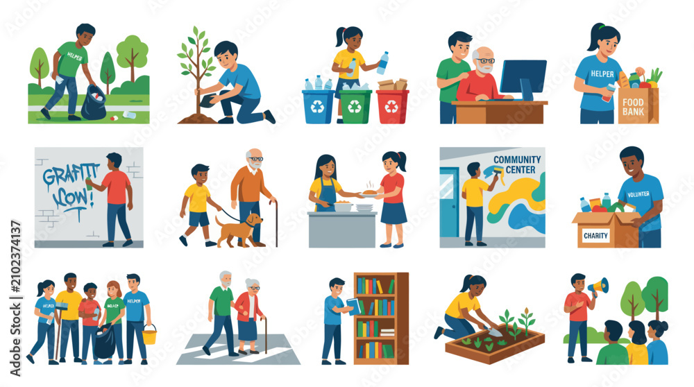 Fototapeta premium Community Service and Volunteering Flat Vector Illustrations Set. Diverse People Helping, Social Work, Environmental Protection.
