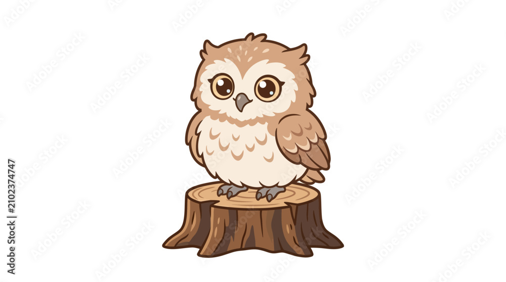 Fototapeta premium Cute Cartoon Owl Perched on Tree Stump.