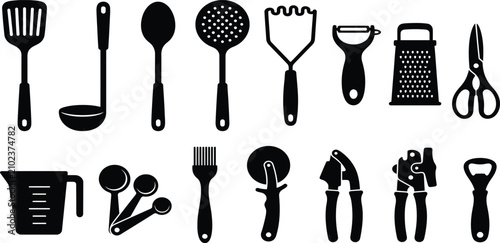 Foto Kitchen utensils and cooking tools black silhouette vector icons set, culinary r
