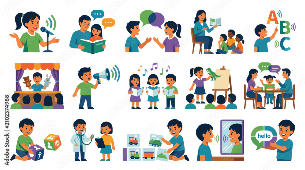 Fototapeta premium Early Childhood Speech Therapy and Language Development Flat Vector Illustrations for Kids Learning Communication Skills