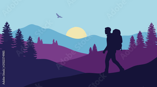 Hiker in mountain landscape with sunset and flying bird, flat vector art