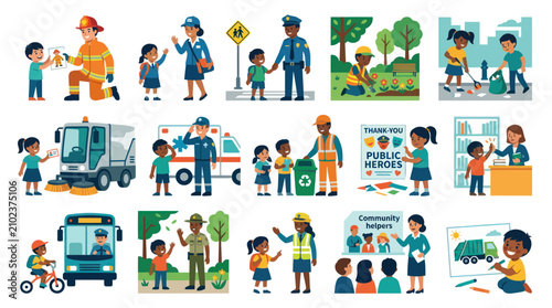 Diverse Community Helpers and Public Heroes, Flat Vector Illustration