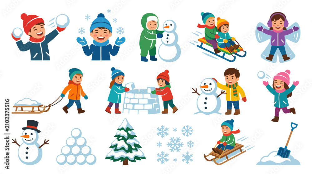 Fototapeta premium Happy Kids Winter Recreation Flat Vector Set: Children Playing in Snow, Building Snowmen Sledding.
