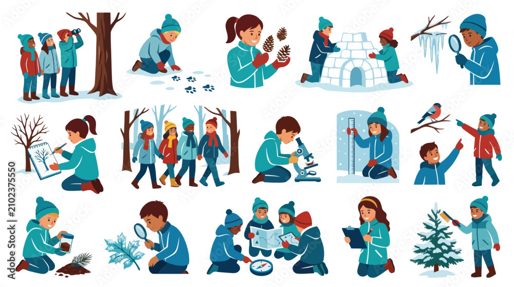 Fototapeta premium Flat Vector Illustration Set of Kids Exploring Winter Nature and Engaging in Outdoor Education Activities
