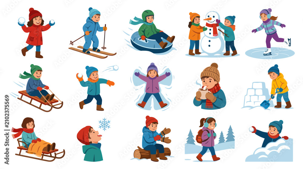 Fototapeta premium Children playing in snow, winter activities vector illustration, flat style