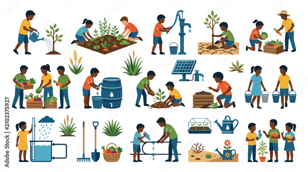 Fototapeta premium Children Gardening Agriculture Flat Vector Illustration Set: Kids Learning, Planting Sustainable Farming
