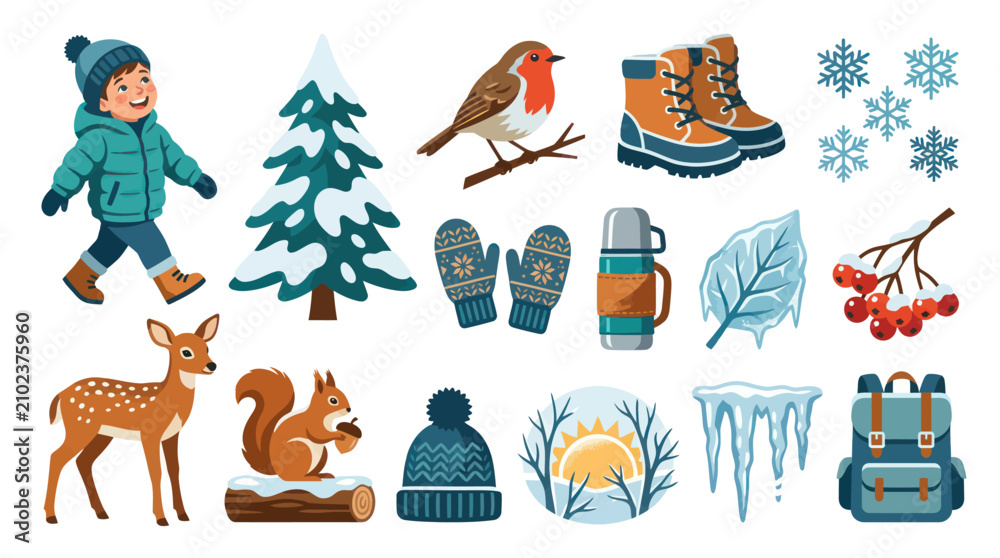 Fototapeta premium Flat Vector Winter Icons Set: Kids, Nature, Clothing Outdoor Elements Collection
