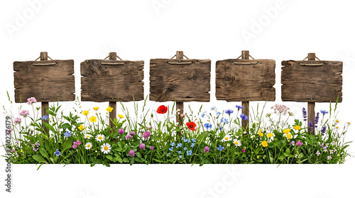Five empty weathered wooden signboards on posts. with a colorful meadow of wildflowers and green g