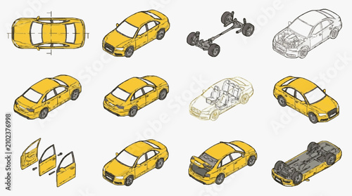Sleek Yellow Car Exploded View Diagram Showcasing Detailed Technical Breakdown and Component Structure