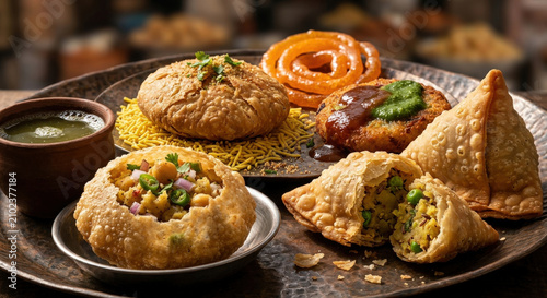 Assortment of delicious Indian street food snacks served on a platter