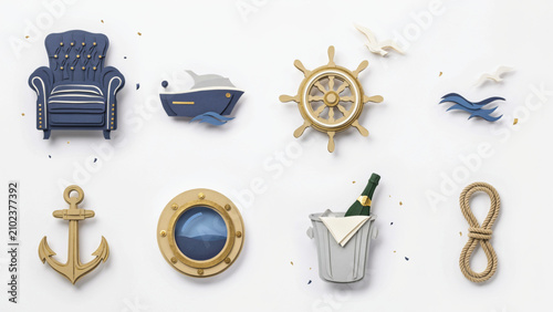 3D Rendered Nautical and Luxury Cruise Icons Featuring Anchor, Ship, and Helm