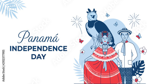 Obraz na płótnie Panama Independence Day Cultural Woman Illustration With Traditional Costume And