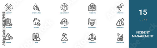 Photos Set of 15 outline web Incident Management icons such as evacuation, emergency, c