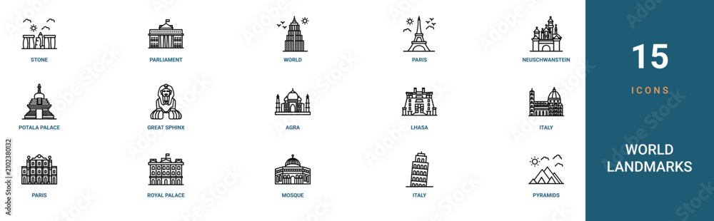 Obraz premium Set of 15 outline web World Landmarks icons such as pyramids, italy, mosque, royal palace, paris, italy, lhasa vector icons for report, presentation, diagram, web design, mobile app