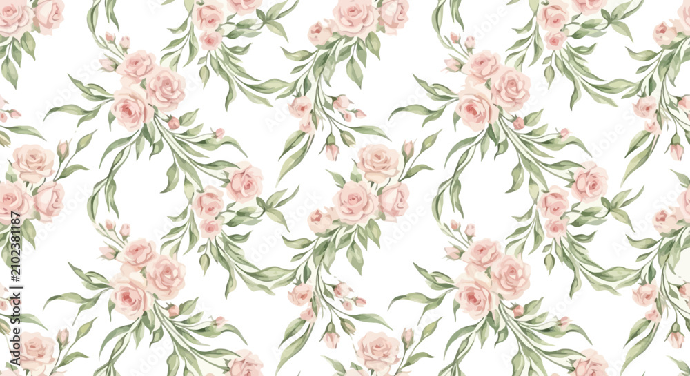 Fototapeta premium Pink flowers and green leaves floral pattern