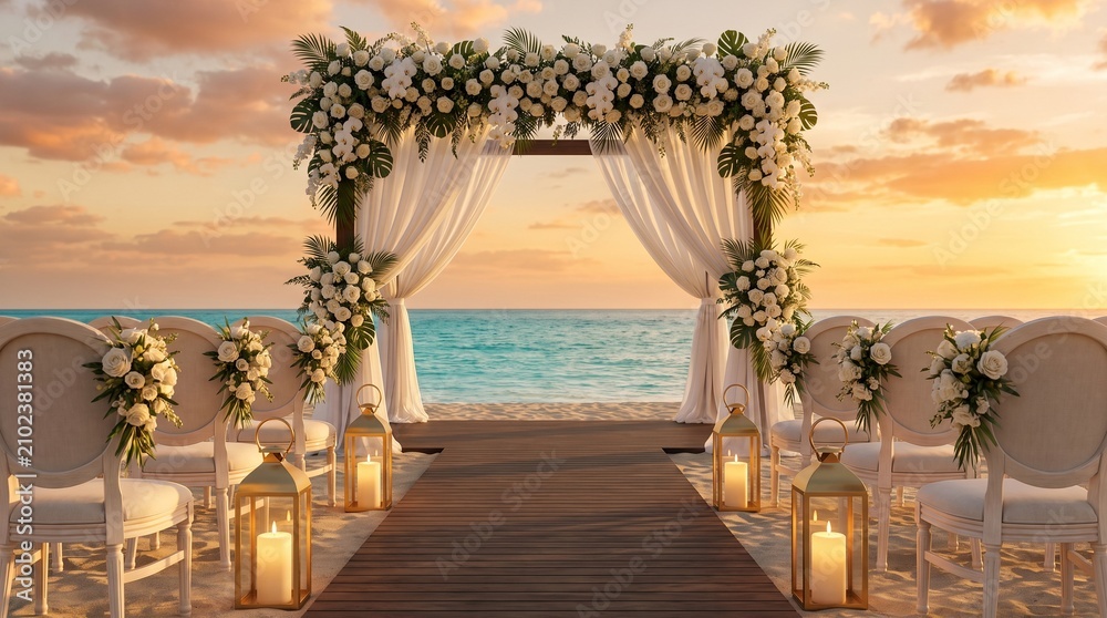 Fototapeta premium Elegant beach wedding ceremony setup at sunset by the ocean with wedding arch