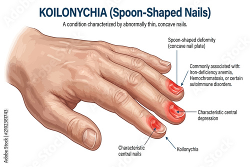 Medical illustration showing spoon‑shaped nails associated with iron‑deficiency anemia.