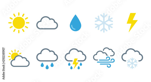 Weather icons set with sun, cloud, rain, snow, wind, and storm symbols isolated on white background for forecast design.