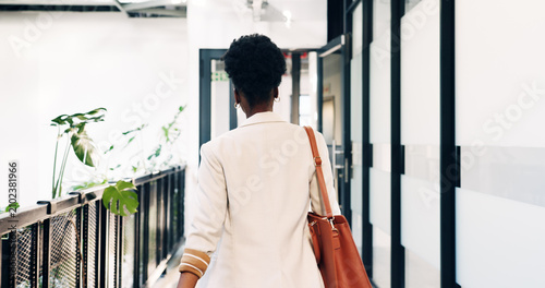 Foto Back, job opportunity and walk with business woman for arrival, morning commute and career path