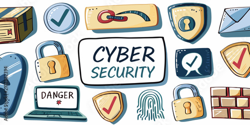 Cyber Security Concept With Hand Drawn Padlocks Shields And Laptop