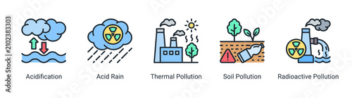 Obraz na płótnie Acid rain icon set featuring thermal pollution radioactive contamination and soi