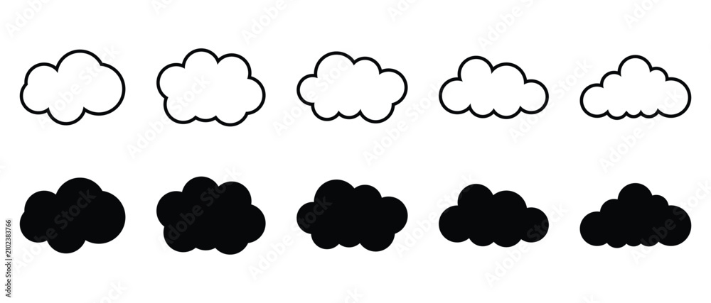 Obraz premium Set of ten simple flat cloud icons in black and white silhouette
