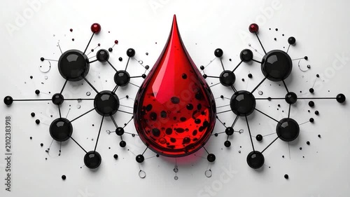 A red droplet at the center with black spheres connected by lines