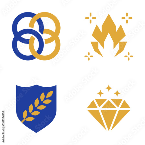 Set of four elegant gold and blue luxury icons representing rings, fire, shield with wheat, and diamond.
