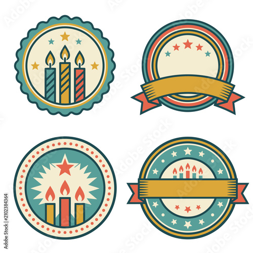 Set of vintage style circular badges with candles and stars design elements.