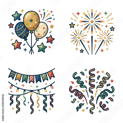 Colorful festive celebration decorations including balloons, fireworks, garlands, and confetti streamers.