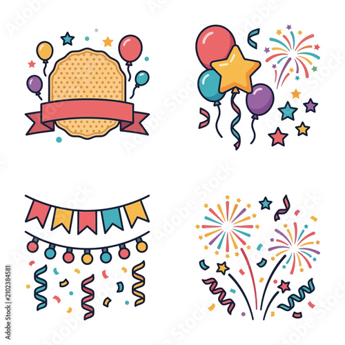 Colorful festive celebration icons with balloons, fireworks, and decorations.