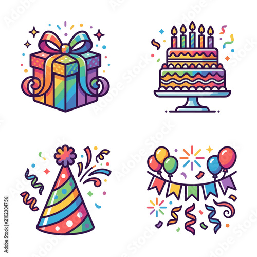 Colorful birthday celebration icons including gift box, cake with candles, party hat, and balloons with confetti.