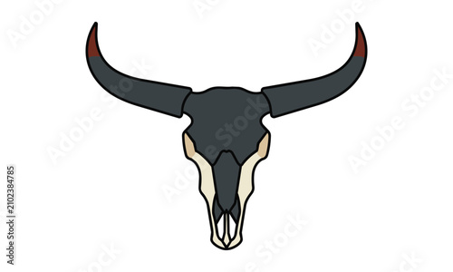 Minimalist bull skull with elegant symmetrical sweeping horns in a clean flat style on a white background. Modern western tribal concept