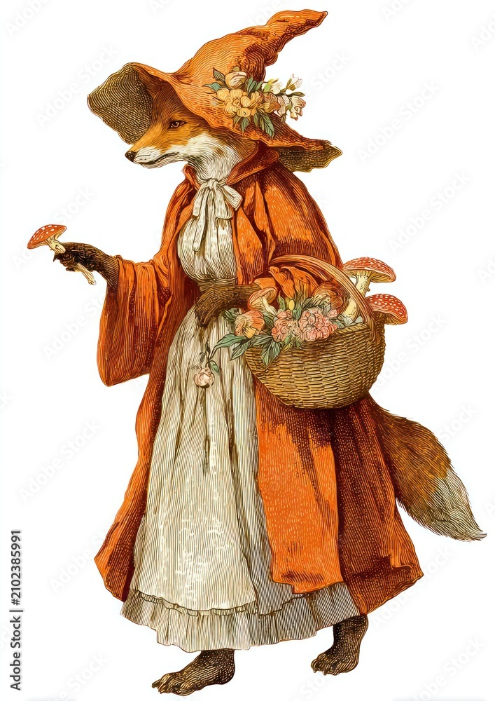 Fototapeta premium Vintage fox in autumn dress with flower basket