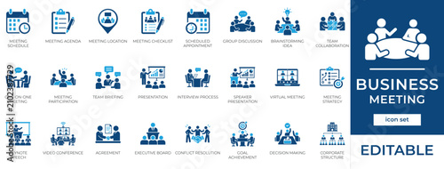 Business Meeting Flat Icon Set. Corporate Teamwork and Collaboration Symbols, Office Presentation and Brainstorming Solid Glyph Elements
