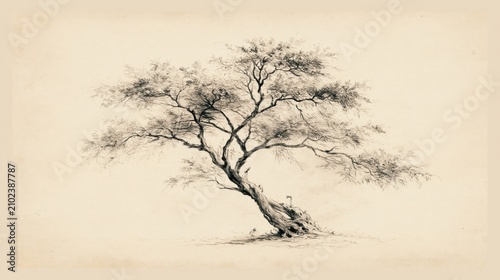 Elegant Black and White Tree Illustration on Vintage Background