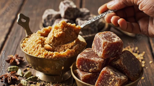Jaggery With Star Anise and Cardamom. Suitable for organic sweetener content, traditional cooking videos, and Ayurvedic ingredient footage.