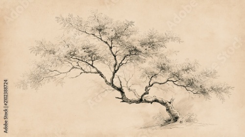 Elegant Vintage Tree Illustration with Detailed Branching on a Textured Background