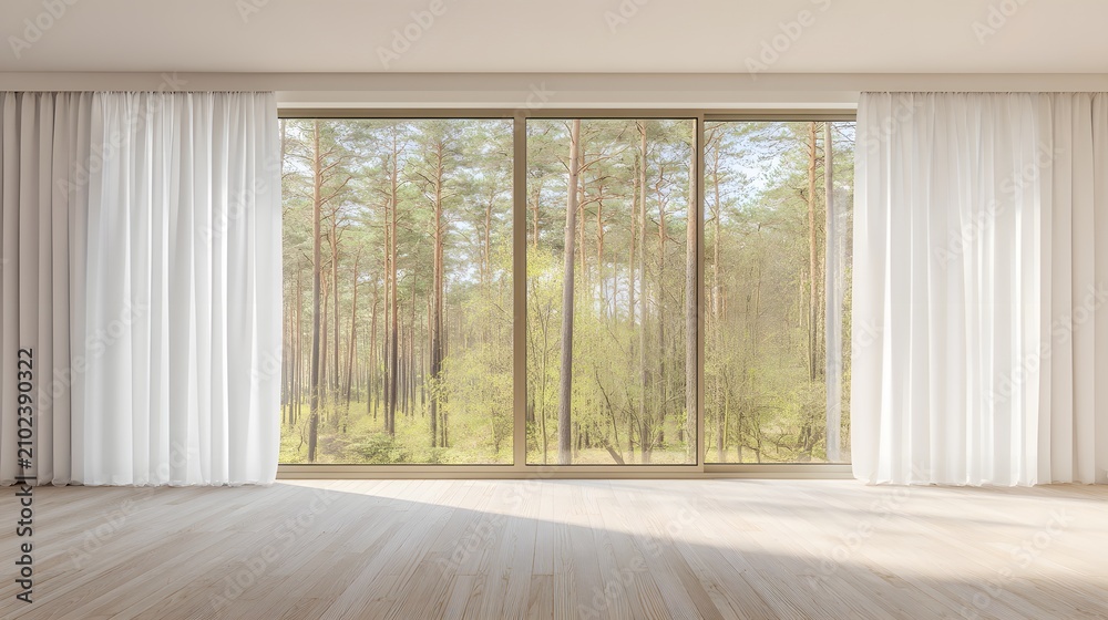 Fototapeta premium Minimalist living room with floor to ceiling forest view windows.