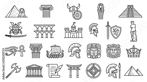 Tableau sur toile Ancient civilization history icons set, 24 black outline vector symbols of world