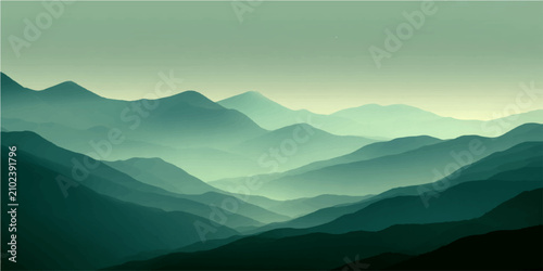Konstfotografi Serene mountain range rendered serene ethereal mist, evoking tranquility atmospheric perspective