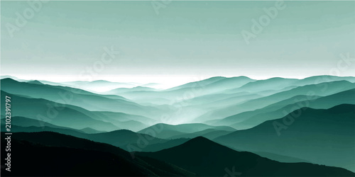 Cuadro en lienzo Majestic mountain range shrouded ethereal mist, layers rolling peaks stretch horizon bathed serene twilight hue