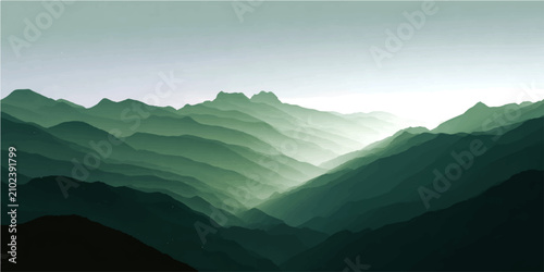 Schilderij op canvas Misty mountain range ethereal glow, serene landscape evokes tranquility, majestic peaks veiled soft light