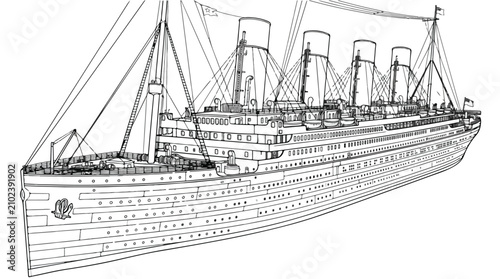 Foto Vintage ocean liner line art vector, historic steamship with four smokestacks, c