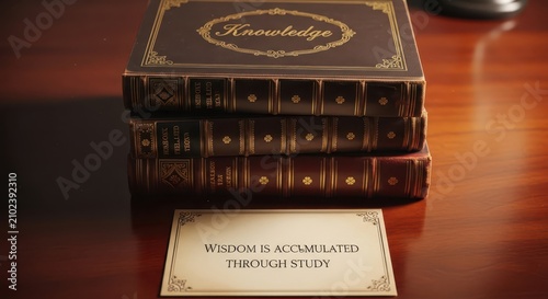 Stack of Antique Books on a Wooden Table with a Quote Card about Wisdom and Knowledge