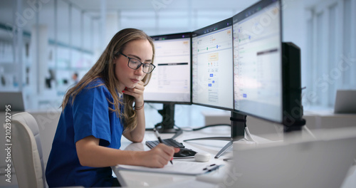 Foto Woman Reviews Healthcare Claims On Computer